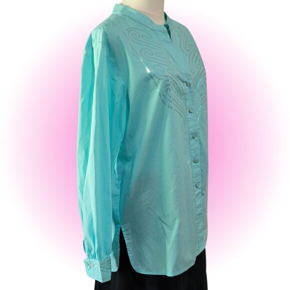 EUC AQUA BLUE EMBELLISHED IRIDESCENT SEQUINS LONG SLEEVE BLOUSE TOP WOMEN'S L - Picture 2 of 4